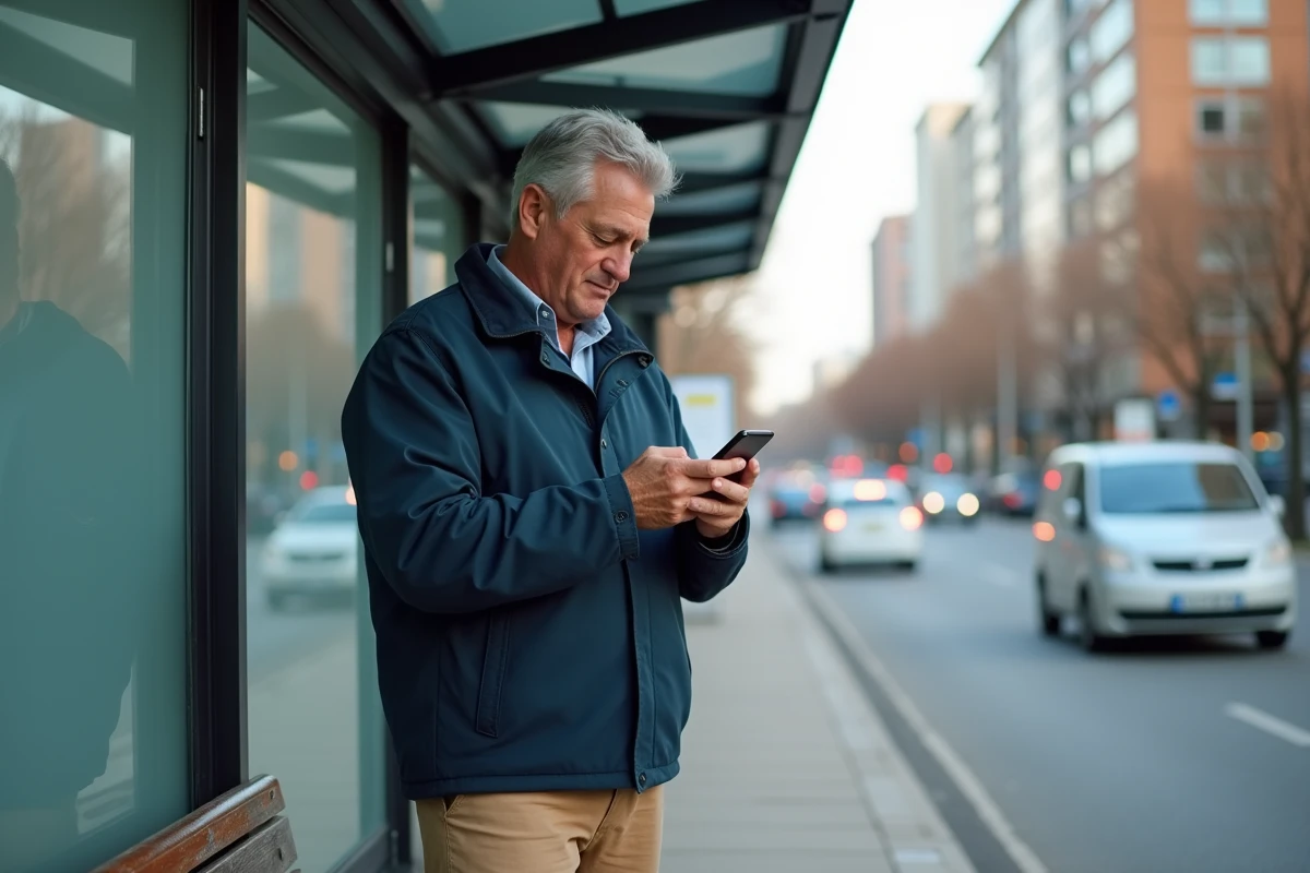 Homme vérifiant son application bancaire à un arrêt de bus