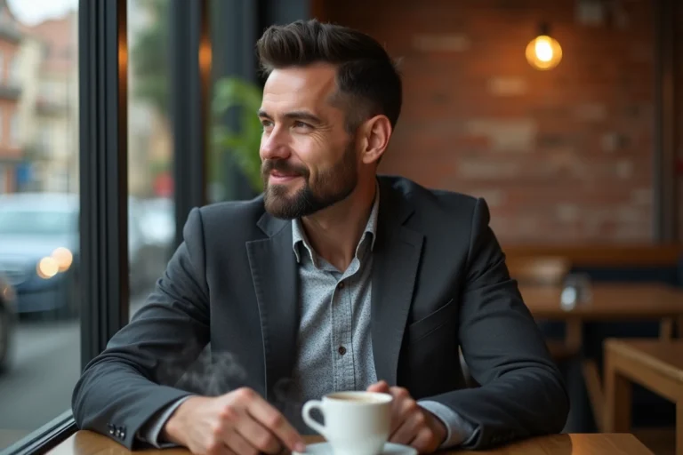 Homme en costume dans un café européen cosy
