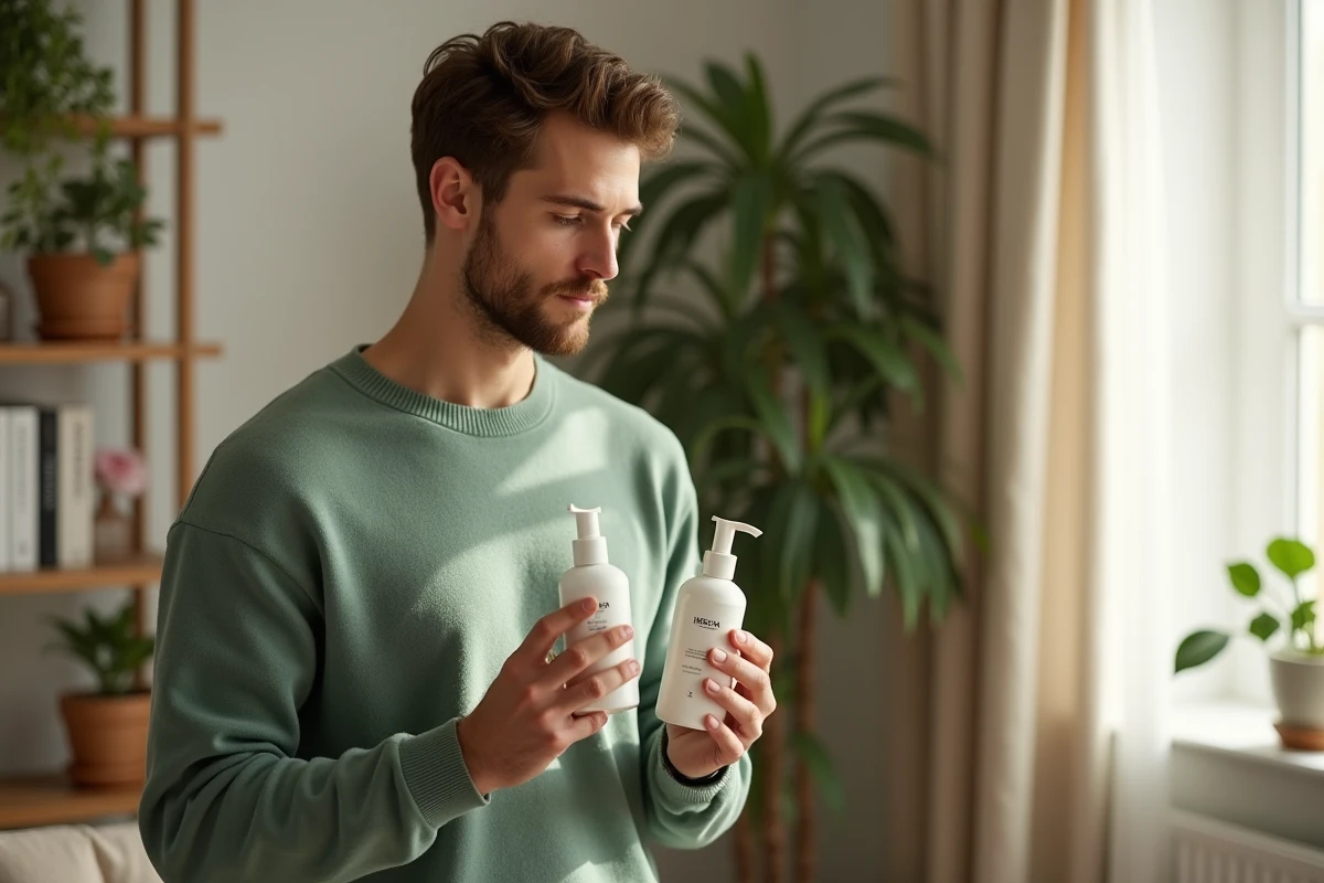 Homme comparant deux bouteilles de soins