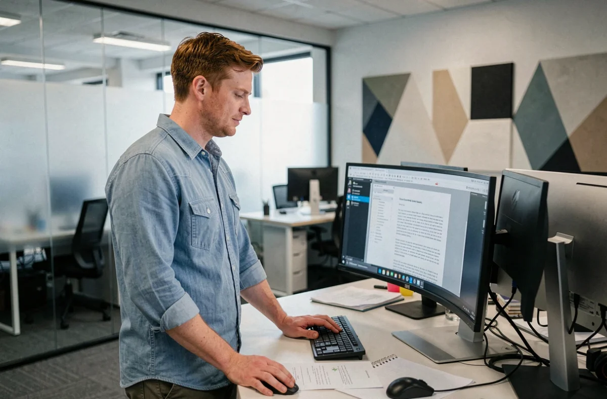Homme debout dans un espace de coworking révisant un article sur un écran avant publication sur un magazine en ligne collaboratif
