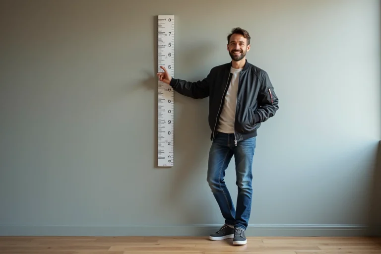 Homme français souriant pointant sa taille sur un mur