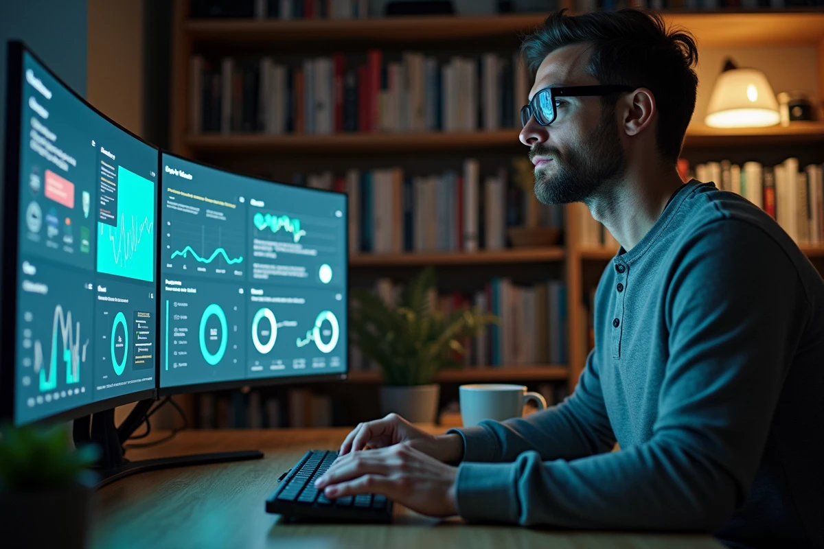 Homme passionné de technologie consultant des tableaux de bord d'innovation sur un grand écran incurvé dans son bureau à domicile