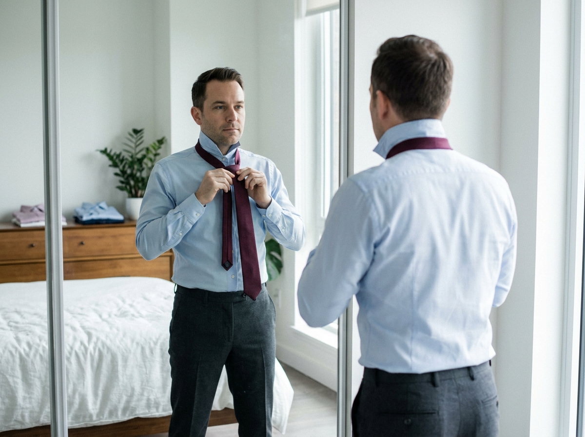 Homme élégant en train de nouer une cravate bordeaux devant un miroir dans une chambre moderne, illustrant comment coordonner sa tenue