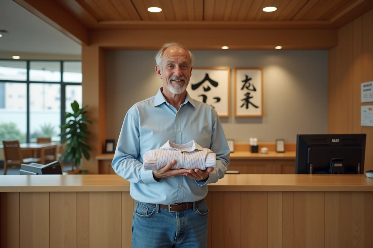 Homme occidental au front desk d