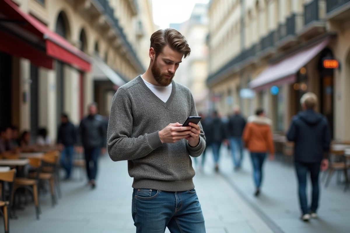Jeune homme dans la rue regardant son smartphone