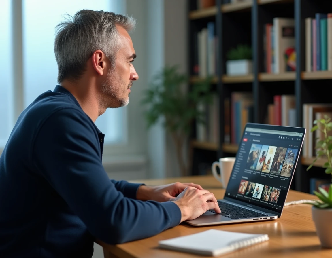 Homme consultant une plateforme de streaming vidéo sur ordinateur portable dans un bureau à domicile
