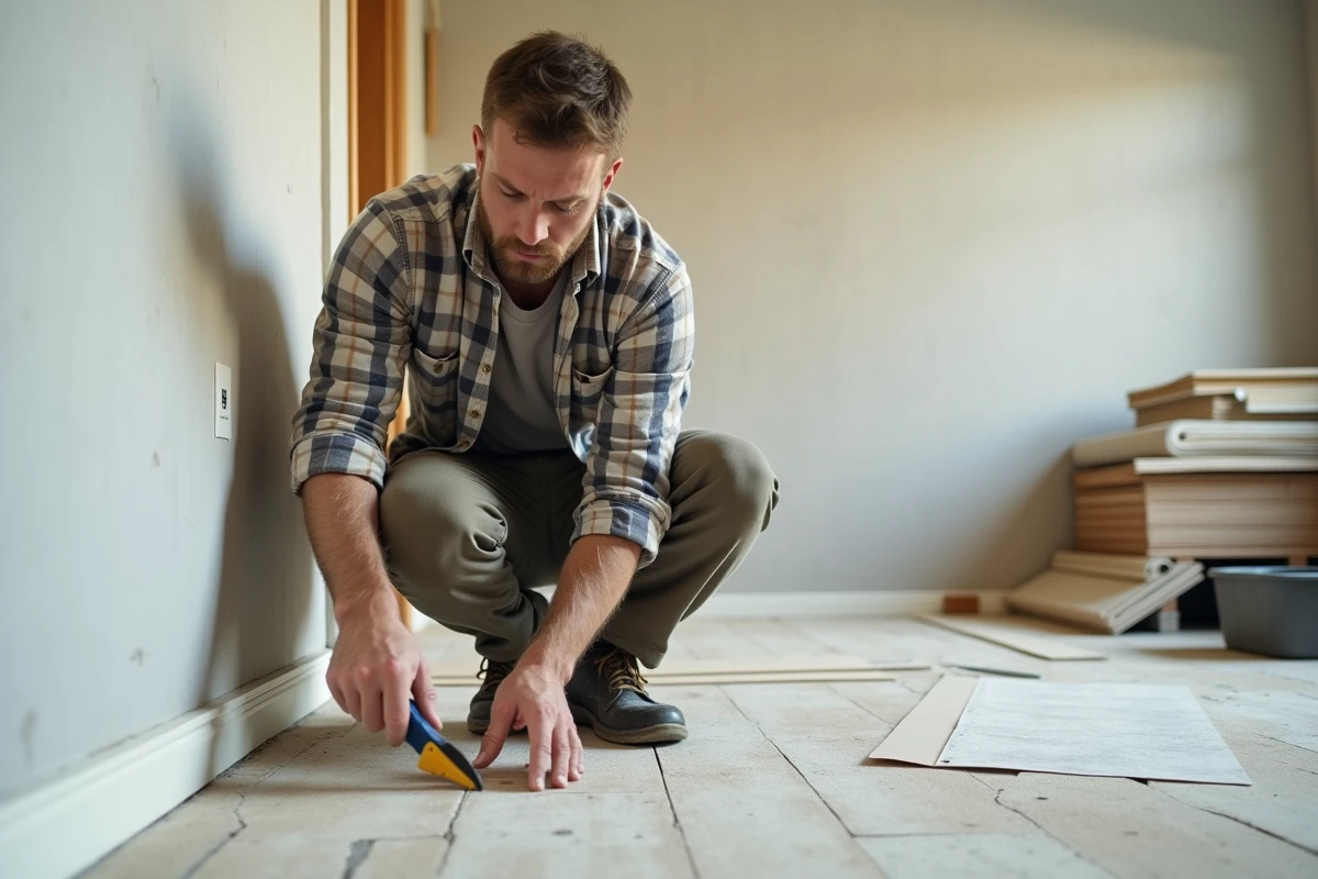 Homme coupant du papier peint à côté d’un mur en construction