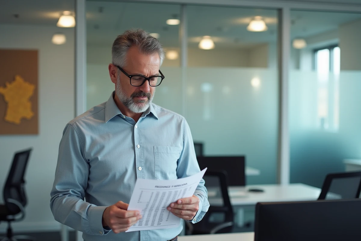 Homme regardant une liste de codes régionaux français au bureau
