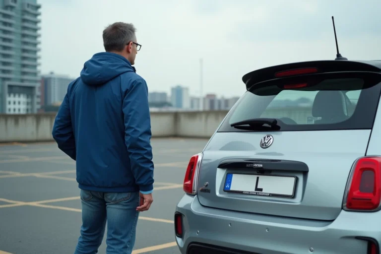 Homme en voyage près d'une voiture européenne avec plaque L