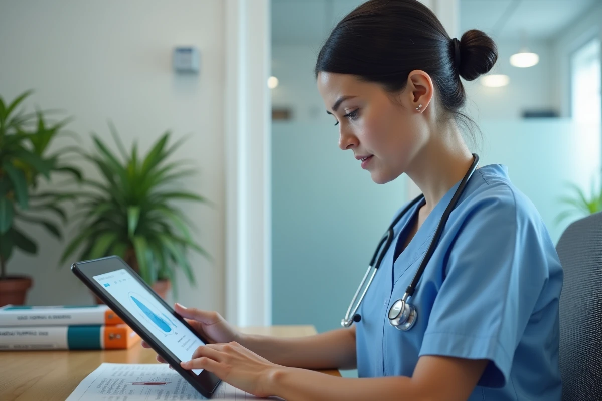 Infirmière en Ehpad utilisant un logiciel de soins Netsoins sur tablette dans un bureau médical moderne