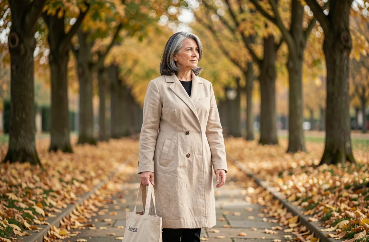 Femme marchant serenement dans un parc europeen en automne, refletant un engagement entre vie privee et militantisme