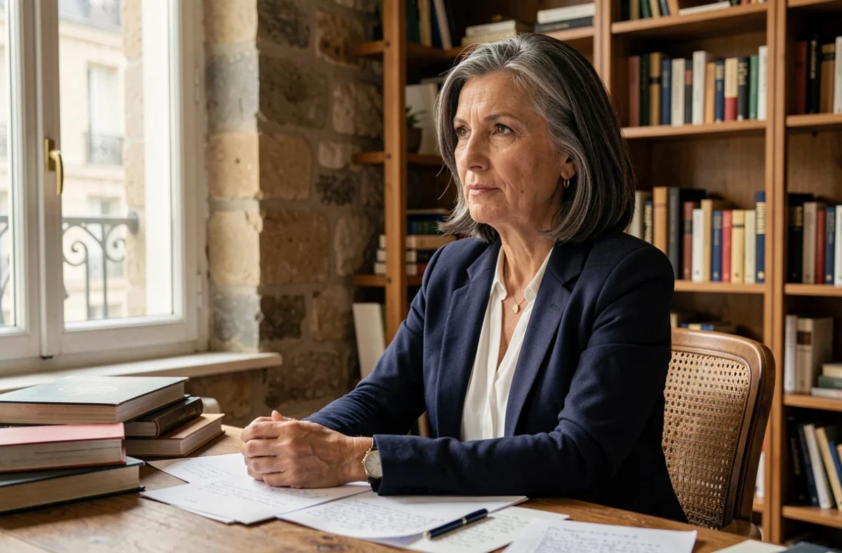 Femme engagée travaillant dans un appartement parisien au cadre intellectuel, entourée de livres et de notes manuscrites