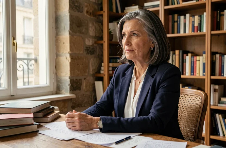 Femme engagée travaillant dans un appartement parisien au cadre intellectuel, entourée de livres et de notes manuscrites