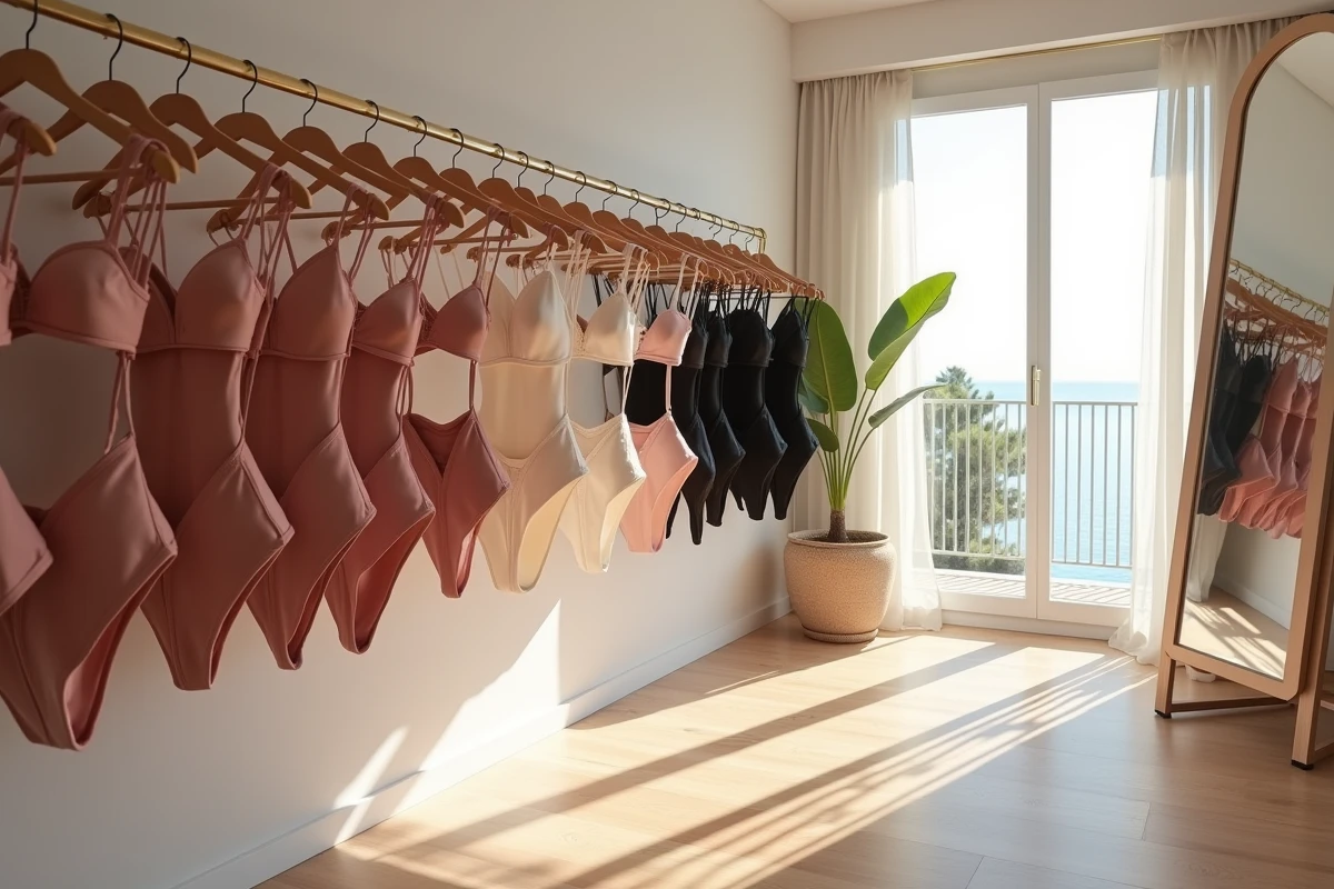 Intérieur d'une boutique lingerie méditerranéenne au Cap d'Agde avec présentation soignée de pièces en dentelle et satin