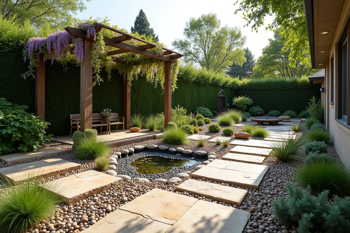 Vue grand angle d'un jardin résidentiel durable avec terrasses en pierre, pergola en bois, plantes indigènes et bassin décoratif