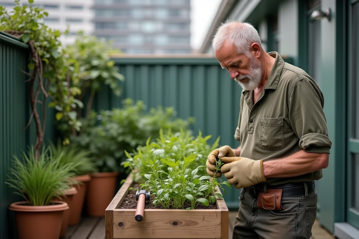 Homme entretenant un potager surélevé en bois sur un balcon urbain avec plantes aromatiques et écran végétal