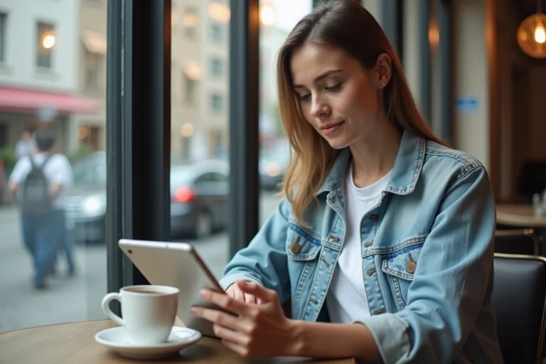 Jeune femme au café regardant sa tablette en intérieur