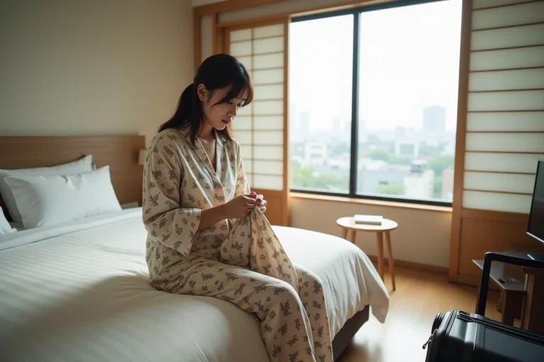 Jeune femme japonaise en yukata pliant dans une chambre d'hôtel