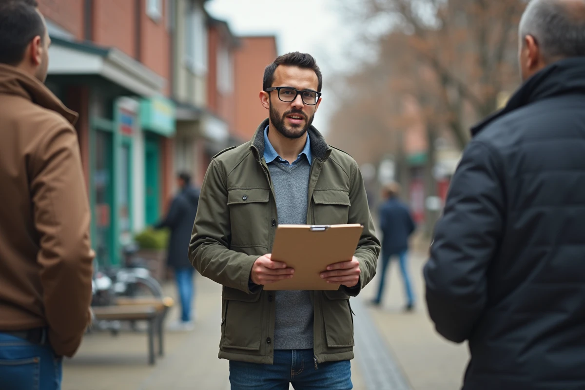 Jeune homme discutant avec des membres de la communauté en extérieur