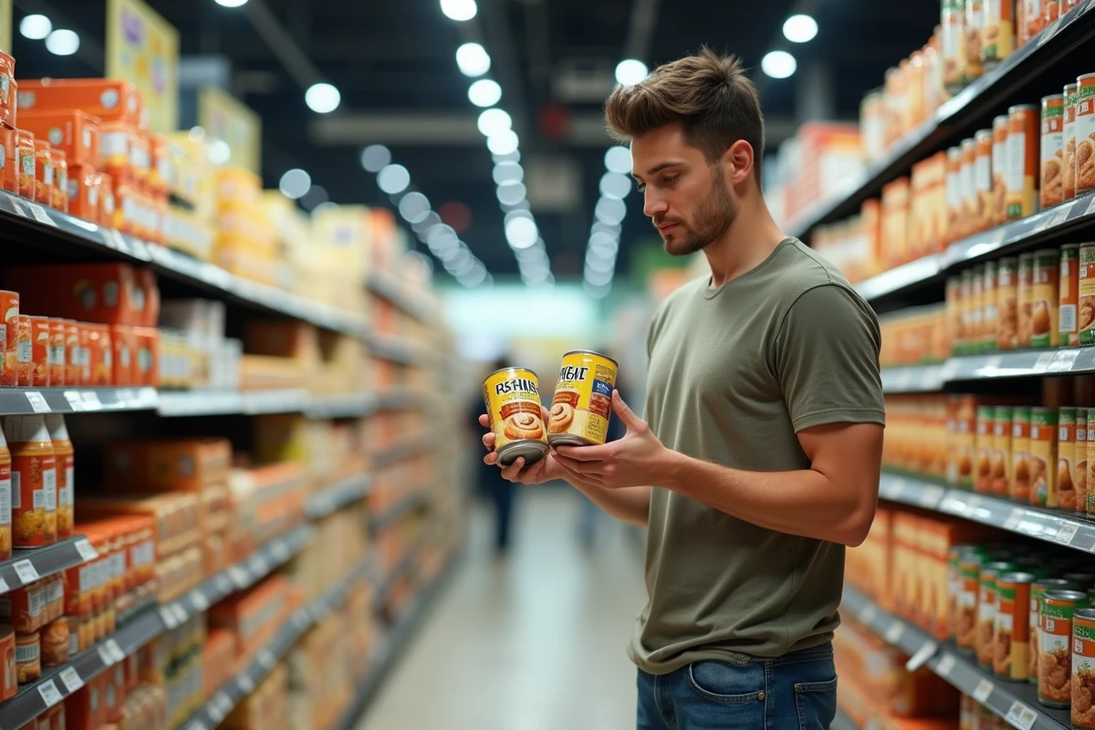 Jeune homme comparant deux bouillons en supermarche