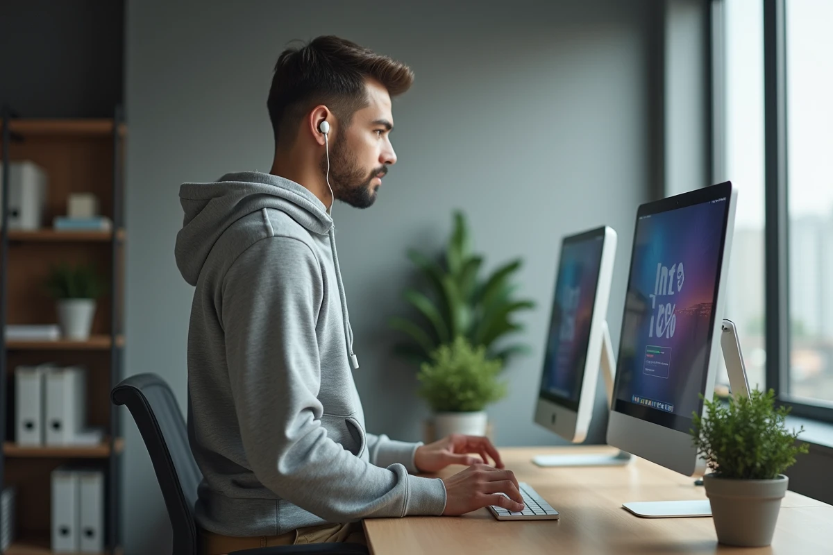 Jeune homme vérifiant sa messagerie sur un ordinateur au bureau