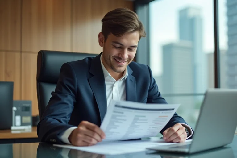 Jeune homme en costume dans un bureau moderne souriant