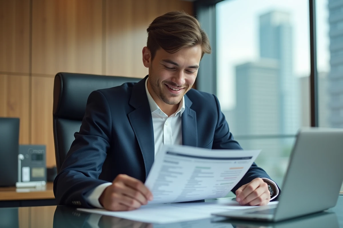 Jeune homme en costume dans un bureau moderne souriant