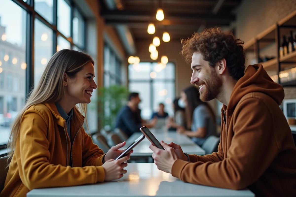 Deux jeunes professionnels discutant des dernières innovations technologiques sur leurs smartphones dans un café urbain moderne
