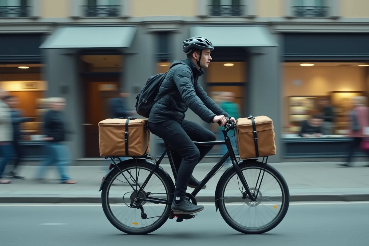 Jeune livreur à vélo transportant un sac isotherme de repas dans une rue commerçante animée d'une ville européenne