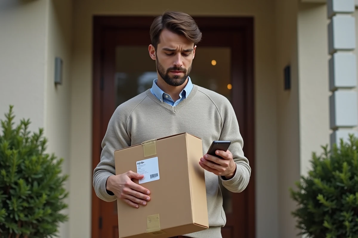 Homme déposant un colis devant sa porte d