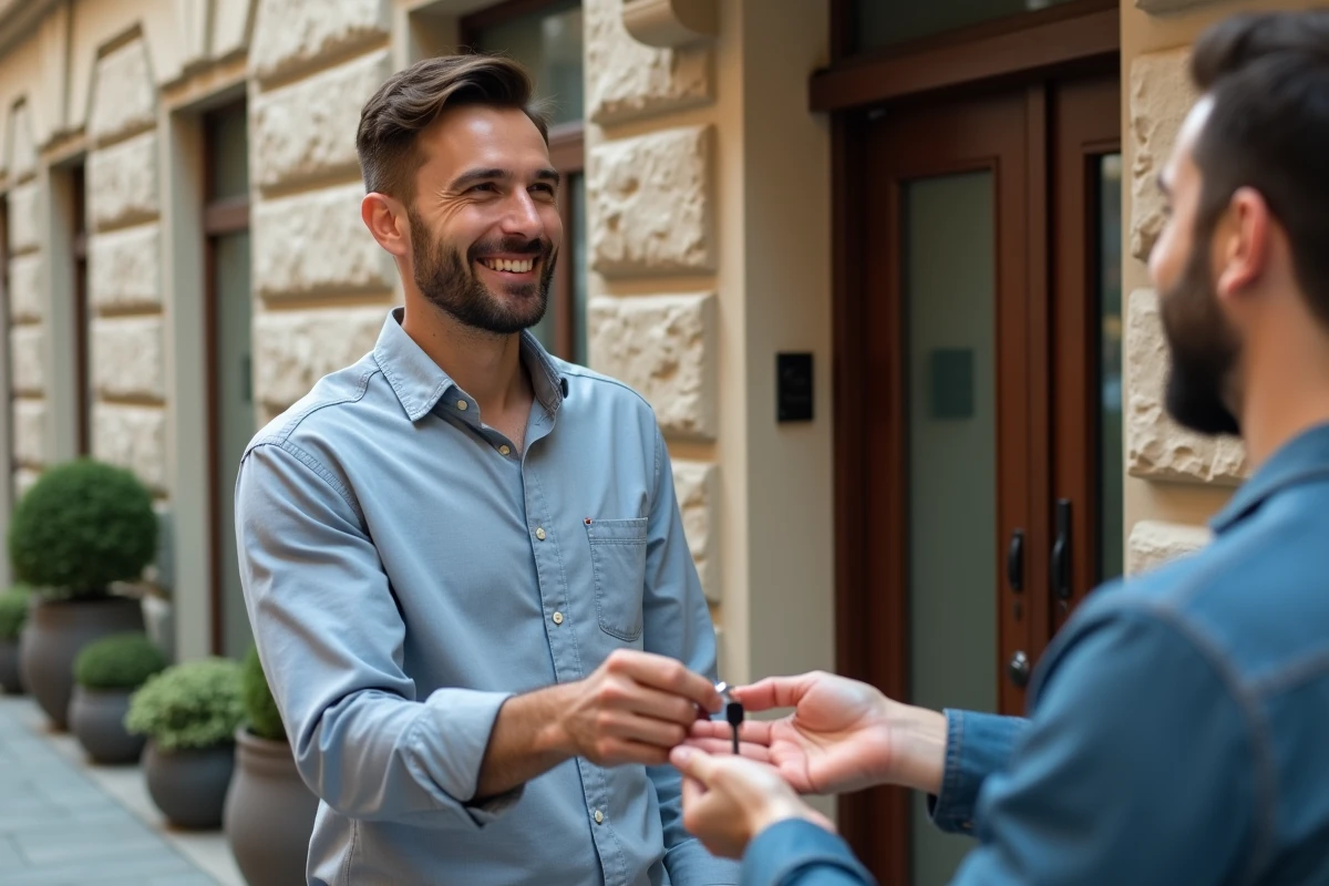 Propriétaire remettant des clés à un locataire devant un immeuble d'appartements, illustrant la location de biens personnels comme source de revenus
