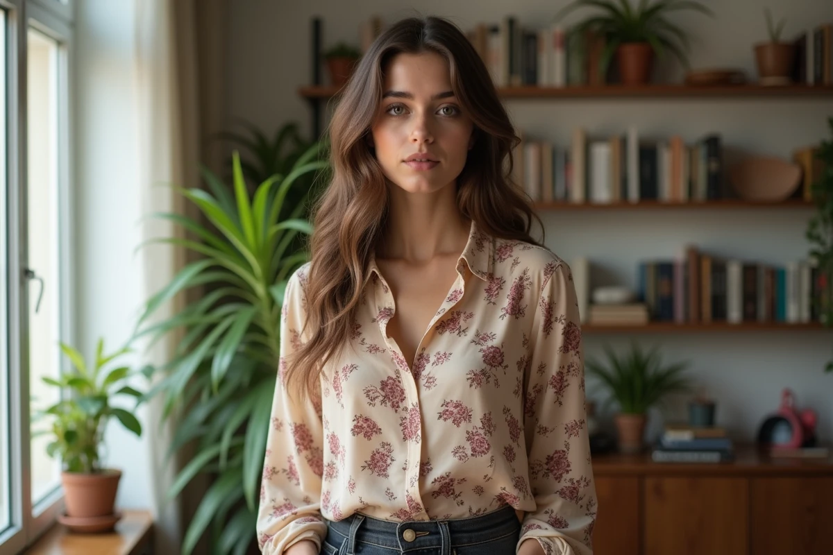 Portrait intime d'une jeune femme aux traits méditerranéens dans un appartement contemporain illustrant la personnalité et le parcours de Lyna Mahyem