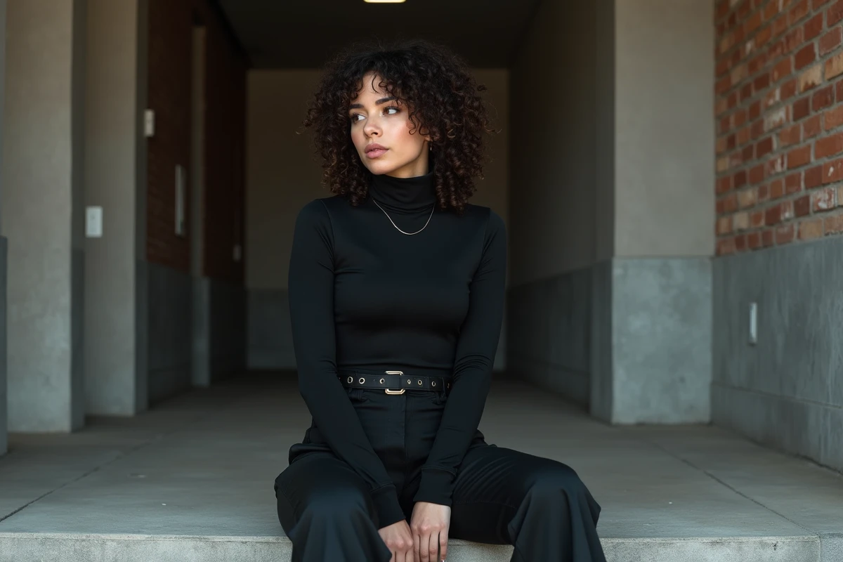 Jeune artiste féminine en tenue streetwear assise dans un couloir de studio de musique moderne évoquant l'univers musical de Lyna Mahyem