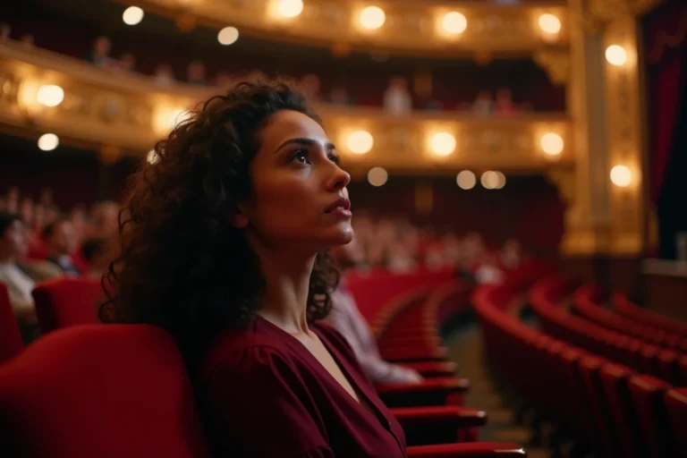 Femme captivée au premier rang d'un opéra, choisissant la meilleure place pour profiter du spectacle