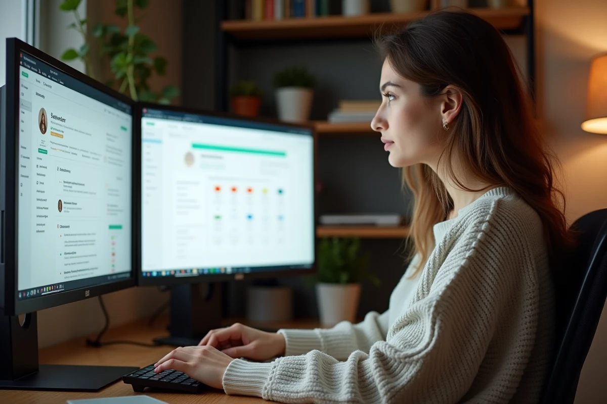Femme consultant son tableau de bord de micro-services en ligne sur deux écrans d'ordinateur, illustrant les plateformes comme Fiverr ou ComeUp