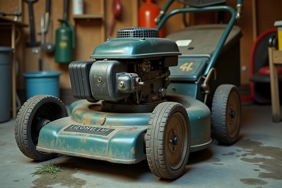 Gros plan sur le moteur thermique d'une tondeuse à essence en entretien dans un garage