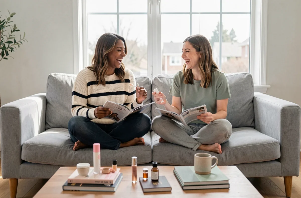 Deux amies partageant des conseils beauté et des astuces maquillage ensemble sur un canapé avec magazines et produits cosmétiques
