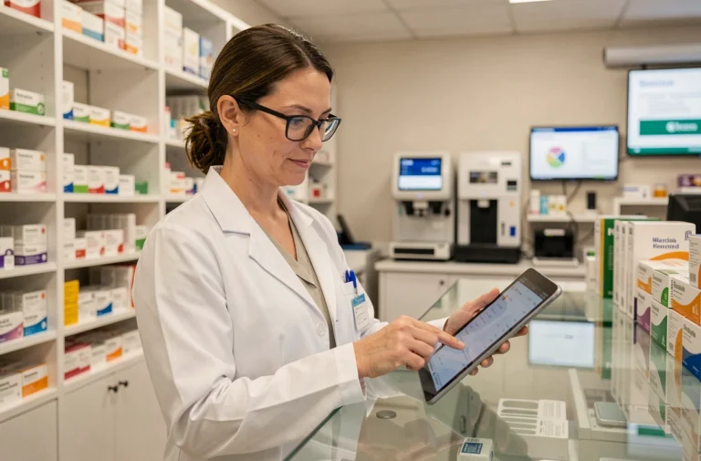 Pharmacienne utilisant une tablette numérique pour gérer les stocks et optimiser la gestion d'une pharmacie moderne
