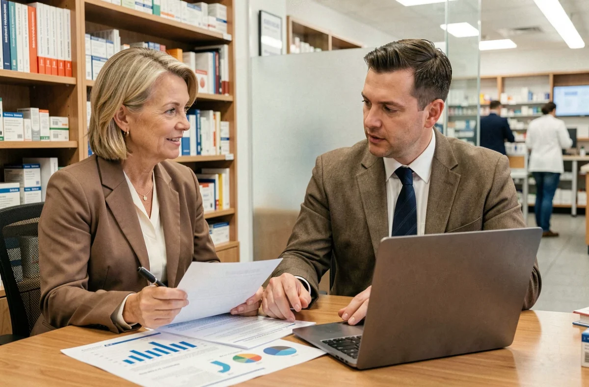 Deux pharmaciens collaborant autour de rapports analytiques pour améliorer la gestion et la performance de leur officine