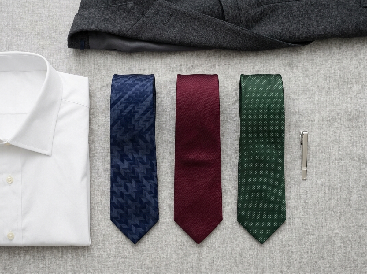 Pose à plat de trois cravates assorties avec une chemise blanche et une veste grise pour illustrer les règles de coordination vestimentaire
