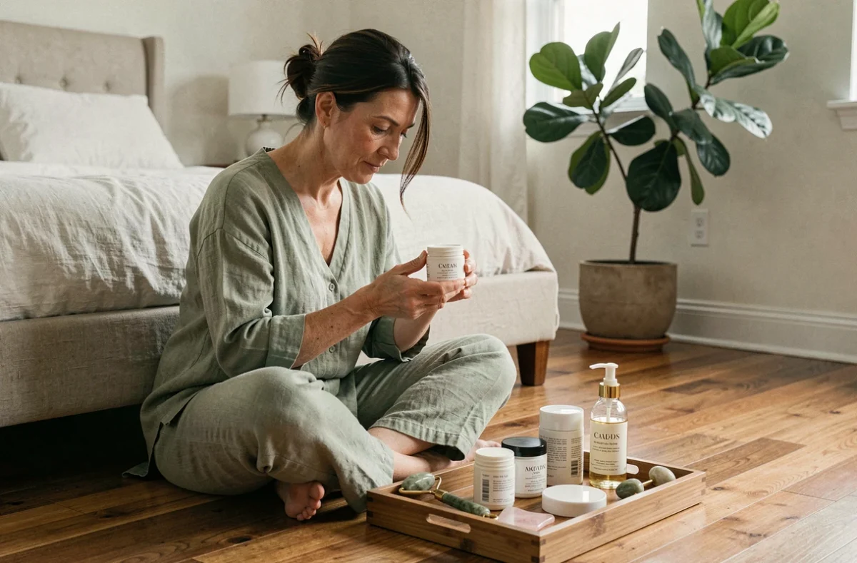 Femme explorant sa collection de produits de beauté naturels posés sur un plateau en bois dans une chambre apaisante, routine de soin holistique