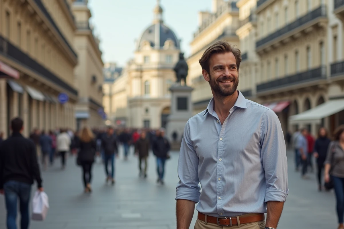 Homme français marchant dans une rue parisienne animée