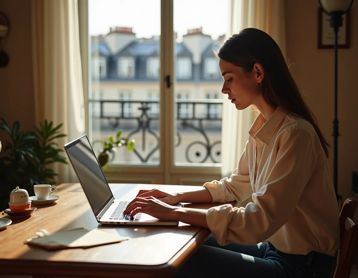 Jeune femme recherchant un appartement à Paris sur un site d'annonces immobilières depuis son bureau