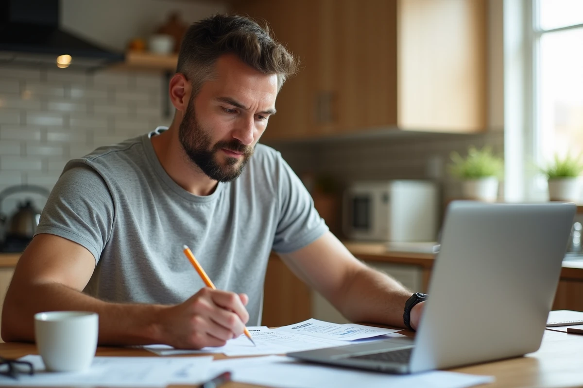 Homme analysant ses factures et relevés bancaires à la table de cuisine pour identifier les dépenses fixes à réduire et libérer du budget