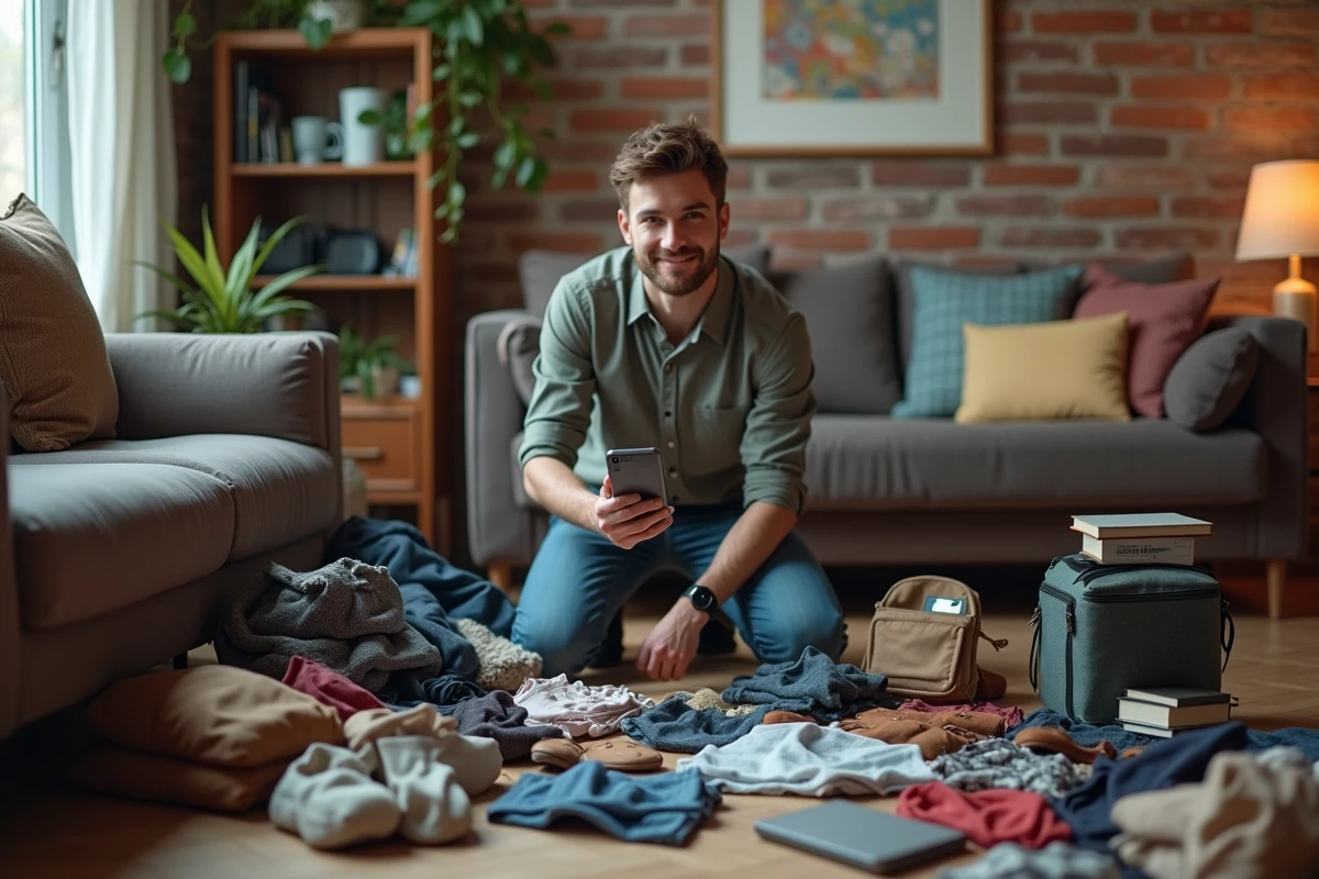 Homme photographiant des articles d'occasion pour les revendre sur des plateformes en ligne, entouré de vêtements vintage et d'objets électroniques