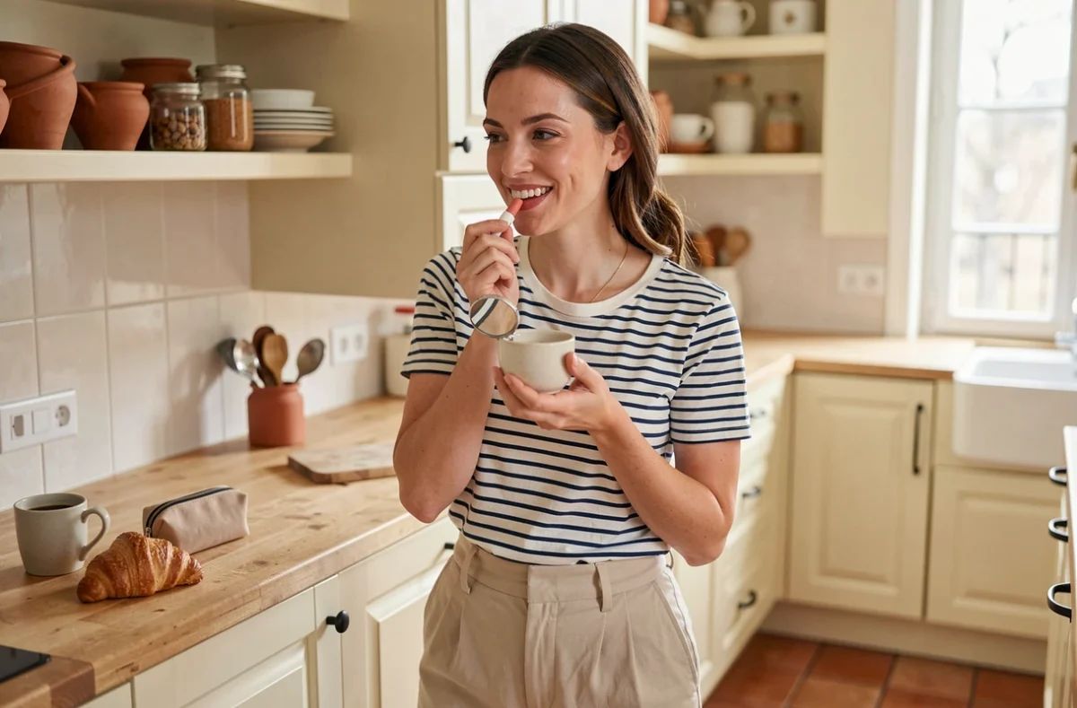Jeune femme appliquant un baume à lèvres teinté dans une cuisine parisienne chaleureuse lors de sa routine beauté matinale décontractée