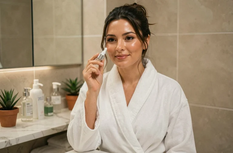 Femme appliquant un sérum de soin sur son visage devant un miroir de salle de bain élégant, routine beauté naturelle
