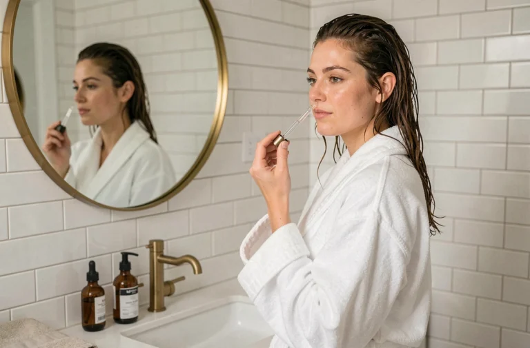 Femme appliquant un sérum de soin sur son visage devant un miroir de salle de bain minimaliste, dans le cadre d'une routine beauté quotidienne