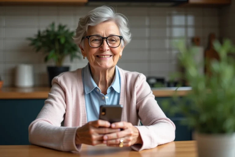 Femme senior lisant avec un téléphone à gros boutons
