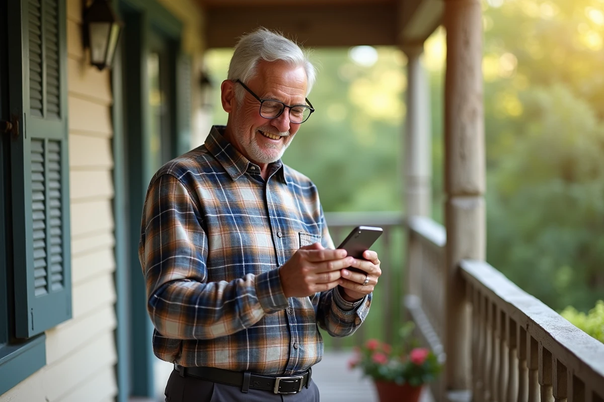 Homme senior utilisant son téléphone sur la terrasse